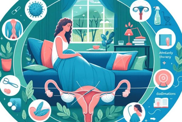 A comforting image of a woman resting at home, surrounded by a peaceful environment, with visible healing incisions from ovarian cyst surgery.