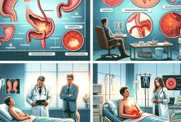 detailed graphic showing various stages of appendicitis from mild inflammation to severe rupture, with annotations describing symptoms and potent