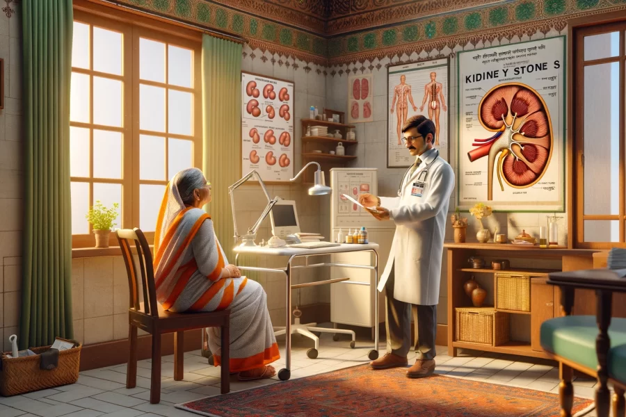 Indian hospital room where a doctor is consulting a patient about kidney stones.