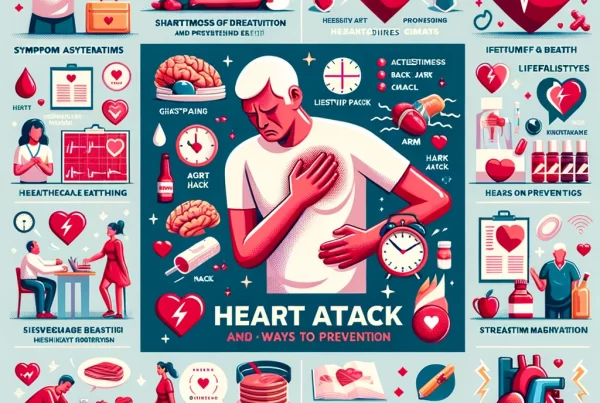 detailed and informative square image that visually communicates the early symptoms of a heart attack and ways to prevent it.